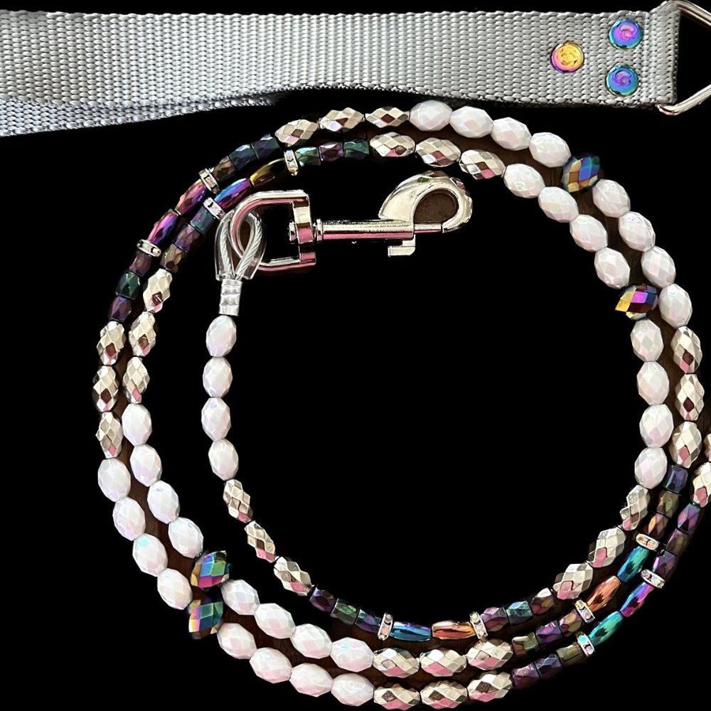 Dog Leash - Boujee Beaded - Dark Opalescence & White, Silver Beads - Handmade